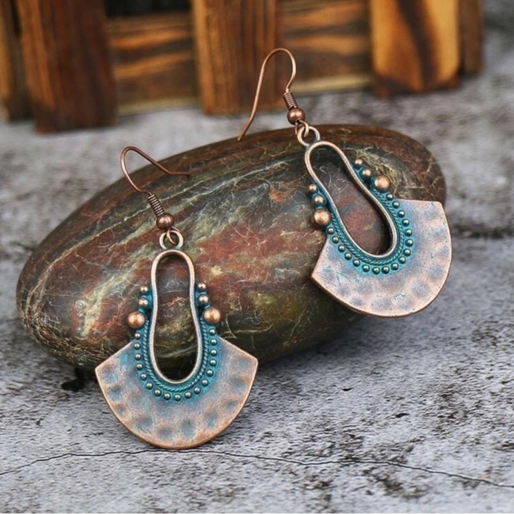 Boho, Western Flair Fashion Dangle Hammered Metal Earrings, Cooper, Turquoise - Picture 4 of 14